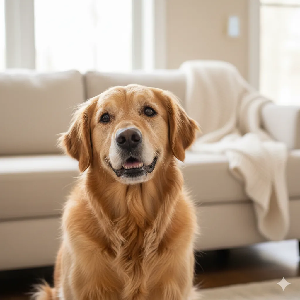 Älterer Golden Retriever sitzt ruhig im Wohnzimmer