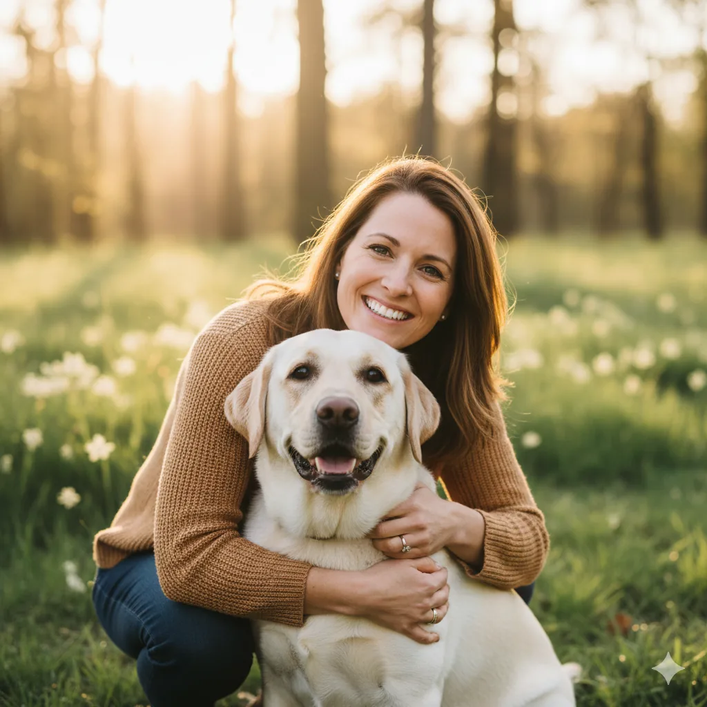 Hundehalterin umarmt lächelnd ihren Labrador auf einer sonnigen Blumenwiese